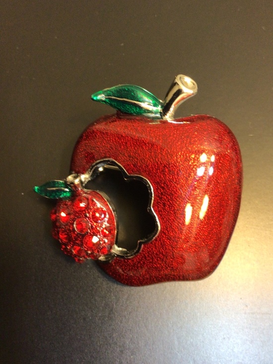 Jewelry - Vintage Red Glitter Guilloche Enamel and Rhinestone Apple Brooch Pin